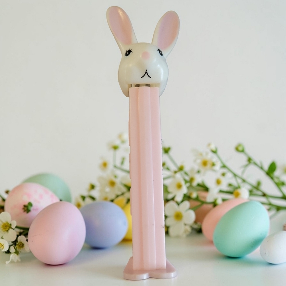 1 Vtg 90 PEZ White Easter Bunny D Rabbit Light Pink Footed Candy Dispenser
